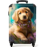 NoBoringSuitcases.com NoBoringSuitcases.com® Koffer Handgepäck Trolley Rollkoffer Kleine Reisekoffer mit 4 Rollen - Welpe - Blumenkranz - Schmetterling - Hund - Golden - Bunt