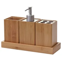 Mendler 4-teiliges Badset HWC-B85, Badezimmerset Badaccessoires Seifenspender Zahnbürstenhalter, Bambus