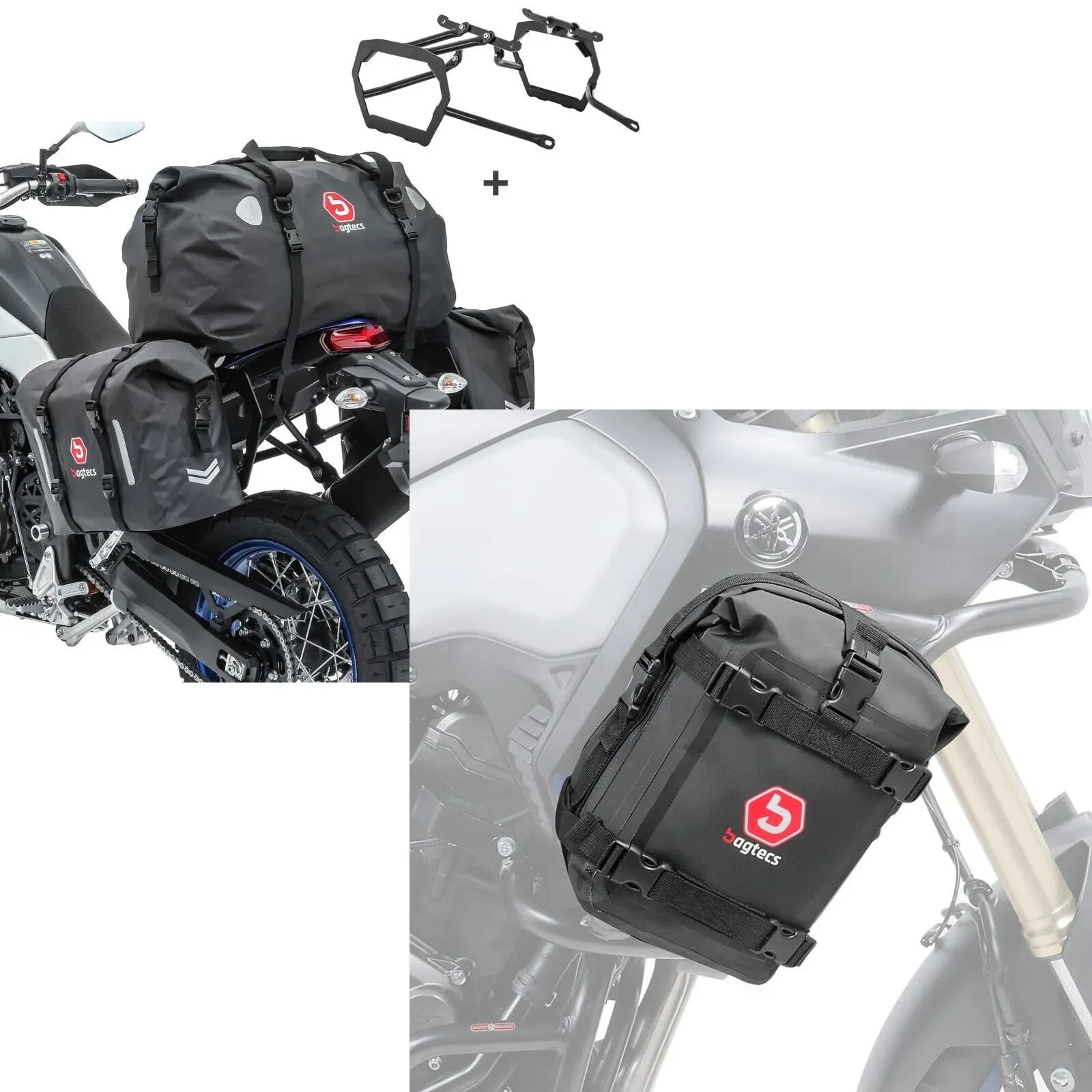 Set: Satteltaschen Set WP8 passend für Yamaha Tenere 700 World Raid 22-24 mit Hecktasche und Kofferträger Bagtecs + Sturzbügeltasche passend für Yamaha Tenere 700 World Raid Bagtecs K3 6Ltr schwarz