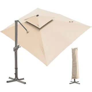 LKINBO Sonnenschirm 300 x 400 cm Rechteckig mit Ständer und Kurbel, Groß Ampelschirm Terrassenschirm 360°Drehbar Parasol Windfest Gartenschirm Wasserdicht Marktschirm für Garten Deck Outdoor, Khaki
