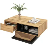 MODFU Couchtisch aus Holz mit Schublade (Wohnzimmertisch 100*60*47cm mit Eine grifflose Schublade) beige