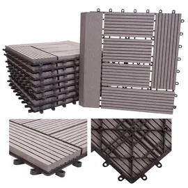 Mendler WPC Bodenfliese Rhone + Abschluss, Holzoptik Balkon/Terrasse, 11x je 30x30cm = 1qm Premium ~ grau versetzt