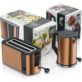 Arendo Frühstücksset 2-teilig, 1,5L Wasserkocher Edelstahl, 1500W Langschlitz Toaster FRUKOST, Kupfer - Kupfer