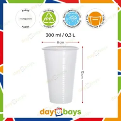 DayBays 300 Stk. Trinkbecher 300ml Ø8cm Plastikbecher 0,3L weiß PP