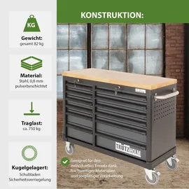 Baumarktplus Werkstattwagen DELUXE 12 Schubladen 123 cm Breite unbestückt mit massiver Arbeitsplatte