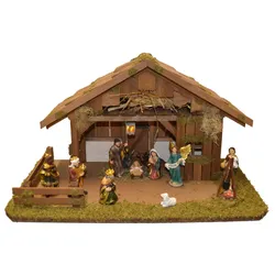 Krippe ALFRED KOLBE "Krippenstall ohne Trafo", braun, B:55cm H:31cm T:30cm, Holz, Weihnachtskrippen, mit Laterne, Lagerfeuer