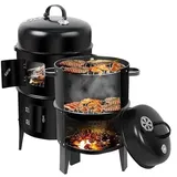 SMH LINE® 3-in-1 Räuchertonne Holzkohle-Räuchergrill, mit Thermometer, Terrasse, Camping, Grill, Outdoor Räucherofen Smoker Grill Holzkohlegrill, Räuchertonne Thermometer, 2 Grillrost Edelstahl