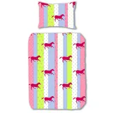 JACK Kinder Renforcé Bettwäsche 2 TLG. 135x200cm Weltall Baustelle Pferde Friends Meerjungfrau Einhorn Baufahrzeuge, Farbe:Pferde