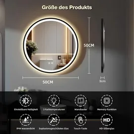 gimbelen Runder Spiegel mit Beleuchtung, 50 cm, Badspiegel mit Beleuchtung, mit Touch-Schalter und Sicherheitsglas, 3 Lichtfarben Einstellbar, 3000... / Schwarz