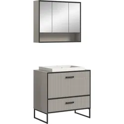 Badmöbel-Set WELLTIME "Locri, Breite 80 cm, Rillenoptik, Metallkufen", beige (kaschmir), Kastenmöbel-Sets, best. aus: Spiegelschrank, Waschtisch