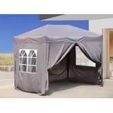 Quick Star Pop-Up-Pavillon 2 x 3 m Smoky Grau mit 4 Easy-Klett Seitenwänden mit Reißverschlüssen.