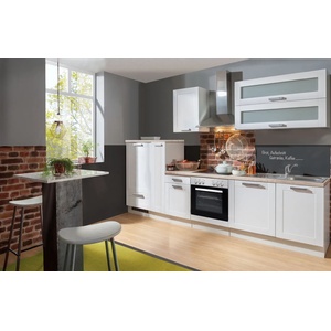 Einbauküche "White Premium" weiß matt Landhausfront, inkl. E-Geräte, Apothekerschrank, 310 cm