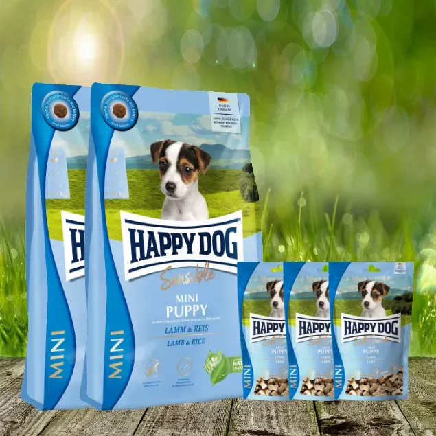 Happy Dog Sensible Mini Puppy 2 x 4 kg + Happy Dog Sensible Mini Soft Snack Puppy 3 x 100 g