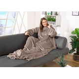 Wohndecke Kuscheldecke mit Ärmeln Super Soft Flanell Decke, heimtexland, Ärmeldecke mit 2 Taschen und Fußsack beige 170 cm x 200 cm