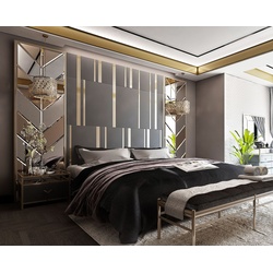 Casa Padrino Luxus Schlafzimmer Set Grau / Gold / Silber - 1 Doppelbett mit Kopfteil & 2 Nachtkommoden - Luxus Schlafzimmer Möbel - Hotel Möbel - Luxus Einrichtung - Hotel Einrichtung