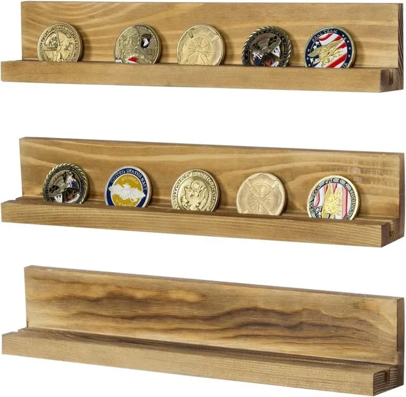 MyGift Challenge Coin Halter Rustikales Braun Verbranntes Holz Casino Chip Display Wandregal, Wandmontiertes Challenge Coin Display Set aus 3