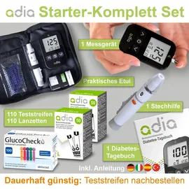 diabetikerbedarf adia Blutzuckermessgerät (mg/dl) + 110 Blutzuckerteststreifen Lanzetten 1 St