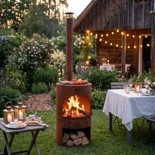 ASH® Sunset - 3 in 1 Gartenkamin BBQ - Schwarz Metall - Feuerofen | Holzofen | Terrassenofen - 47x47x191 cm
