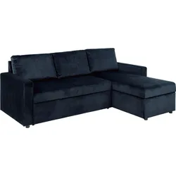 Sacramento Schlafsofa Chaiselong wendbar, versteckte Aufbewahrung undg ausziehbares Bett dunkelblau.