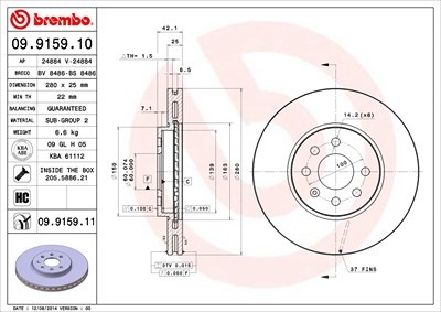 Brembo Bremsscheibe Vorderachse Belüftet [Hersteller-Nr. 09.9159.11] für Vauxhall, Opel