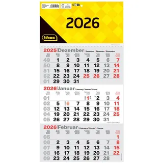 IDENA 3-Monatskalender 2026 in der Größe 24 x 45 cm, Wandkalender mit Schieber, 4-sprachiger Bürokalender mit Wochenzählung