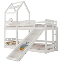 HAUSS SPLOE Etagenbett 90 x 200 cm mit Rutsche & Leiter, Hochbett für Kinder aus Kiefer Weiß (Hausbett mit Stauraum unter der Treppe 90x200cm) 97 cm x 212 cm x 209 cm