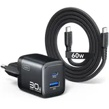 INIU 30W USB C Ladegerät, GaN Schnellladegerät mit 1,5m 60W Kabel, Dual-Port Netzteil mit intelligentem Geräteschutz für iPhone 17 16 Pro Max, iPad MacBook Air Galaxy S26 Pixel Xiaomi [1-Pack Schwarz]