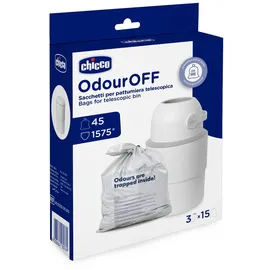 Chicco Odour Off Pouches, Toilettenfresser Beutel, Teleskop Müllbeutel, dreilagiges stabiles Material, hält Gerüche zurück, 45