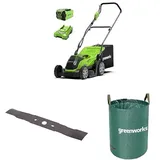 Greenworks 40V Kabelloser Akku Rasenmäher, 35 cm Schnittbreite, 2Ah-Akku & Ladegerät, 3 Jahre Garantie-G40LM35K2 + Greenworks 35cm Ersatzmesser + Greenworks Tools 120l Gartenabfallsack