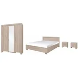 Deine Möbel 24 Schlafzimmer-Set CASPAR Komplettschlafzimmer Kleiderschrank 150 cm breit, (Kleiderschrank mit Spiegeltüren, 2x Nachttisch, Doppelbett 160x200, optional Kommode und Matratze, 4-tlg., Set), 5-teilig, Kommode optional, Weiß oder Sonoma, Spiegel, viel Stauraum beige 416 cm x 201 cm x 206 cm