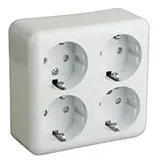 Schuko-Steckdose mit 4 Aufputzsteckdosen, robust, ideal für den Anschluss mehrerer Geräte in Engen Räumen.