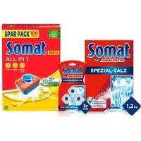 Somat All in 1 Spülmaschinen Tabs (100 Tabs), gegen Eingetrocknetes & Somat Maschinenreiniger Tabs Anti-Kalk (3 WL), kein extra Spülgang & Somat Spezial Salz 1,2Kg