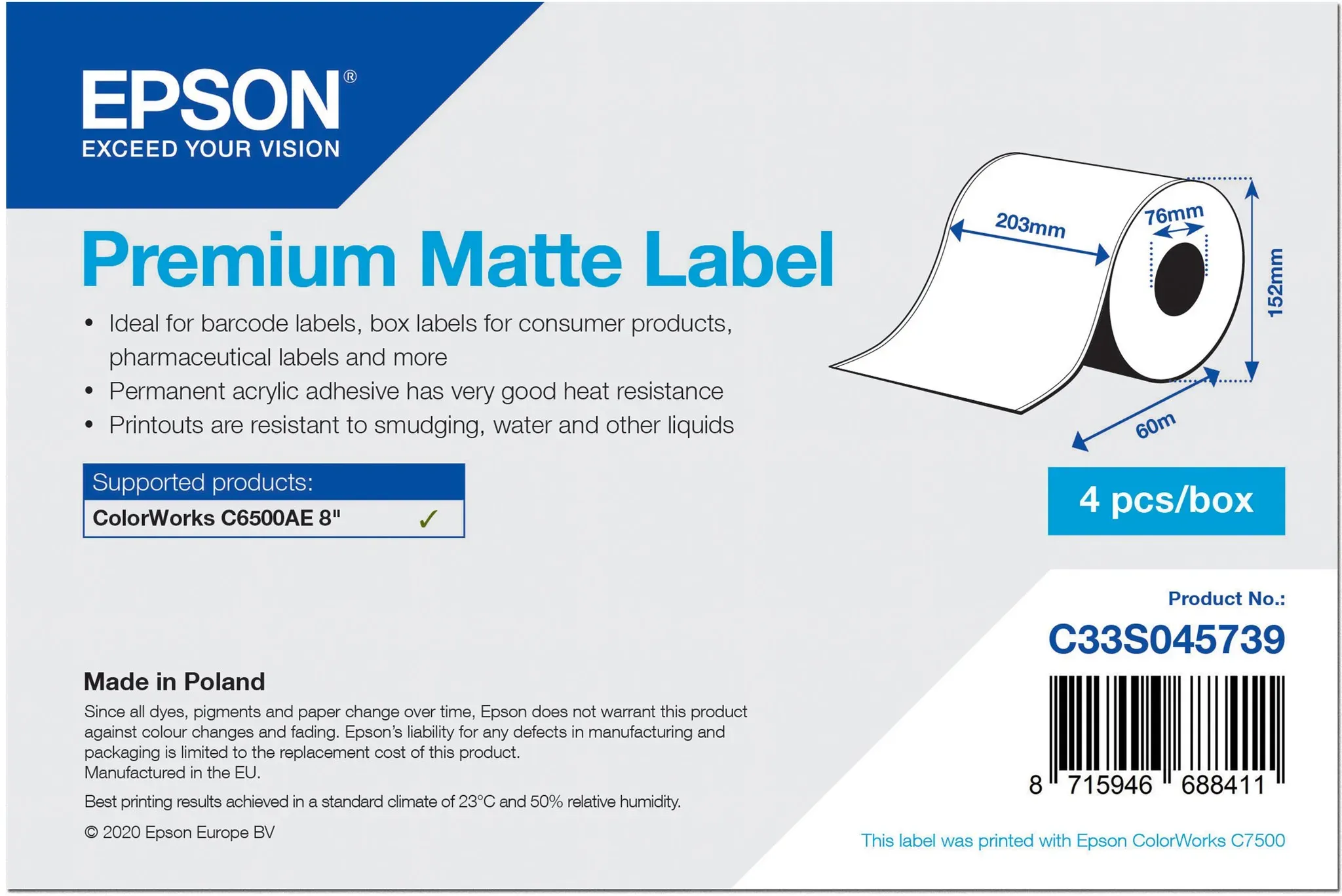 Epson Premium - Glatt matt - permanenter Acrylklebstoff - hochweiß - Rolle (20,3