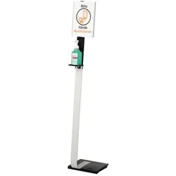 Desinfektionsspender Boden mit Infotafel, aus Alu und Stahlblech, für verschiedene Spenderflaschen.