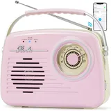 Radios Portable Am Fm, Kleine Retro Vintage Radio Bluetooth, AA-Batterie betriebene Radio oder Stecker in der Wand, Unterstützung SD-Karte AUX USB MP3-Player für Haus/Outdoor (Pink)