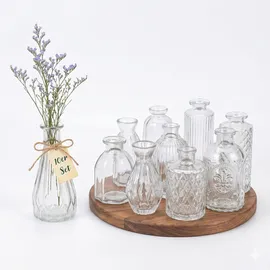 Relaxdays Vasen 10er Set, strukturiert, Vintage-Design, Glas, H: 10–14,7 cm, kleine Dekovasen für Tischdeko, transparent