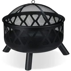 Relaxdays Feuerschale mit Funkenschutz, Ø 62 cm, mit Schürhaken, Garten, Terrasse, Outdoor Feuerstelle, Stahl, schwarz