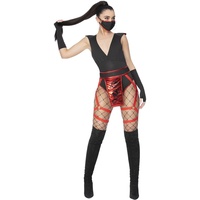 Smiffys Fever Scharlachrotes Ninja-Kostüm, Bodysuit, Beingurtzeug, Maske und Handschuhe