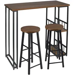 UAC Bartisch-Set mit 2 Barhockern 3-teiliges Tischset Barstuhl Bartheke Tresentisch mit 2 Ablagefläche, Metallgestell, dunkelbuche, Industriestil