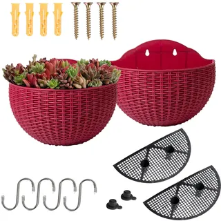 YuanDiann Wandmontage Blumentopf Halbrunder Rattanimitat Hängender Blumenkorb Balkon Innen Außen Garten Deko Pflanzgefäß Blumenampel Selbstbewässerung mit Wasserspeicher Wein Rot 2 Pack S