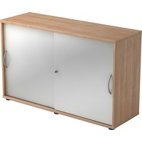 bümö Schiebetürenschrank "2OH" - Aktenschrank abschließbar, Sideboard Schrank mit Schiebetüren in Nussbaum/Silber - Büroschrank aus Holz mit