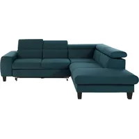 Ecksofa COTTA "Morven L-Form mit Kopfteilverstellung", blau (petrol), B:249cm H:75cm T:207cm, Microfaser PRIMABELLE (100% Polyester), Flachgewebe (100% Polyester), Samtvelours (100% Polyester), Sofas, wahlweise mit Bettfunktion, Bettkasten & Wireless-Charger