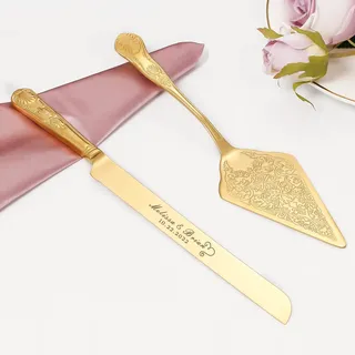 TUKDAK Tortenheber inkl. Tortenmesser im Set mit Persönlicher Gravur, Tortenheber und Servier Set Edelstahl Poliert, Tortenschnitt Tortenheber als Geschenk zur Hochzeit, Jahrestag, Geburtstag (Gold)