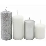 Dekohelden24 Gestufte Stumpenkerzen H 5-10 cm Ø 4 cm silber weiß