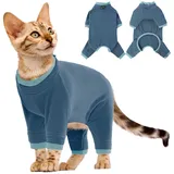 Katze Kleidung, Katzenbody Nach Op Postoperative Kleidung für Katzen Body Operation Recovery Anti-leckende Langarm 4 Beine Einteiler Katzenbekleidung Shirts 4-beinige(Blau-grau, L)