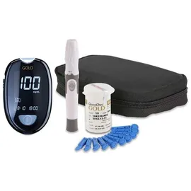 aktivmed GlucoCheck GOLD Blutzuckermessgerät (mmol/l) + 110 Blutzuckerteststreifen, 10 Lanzetten, 1 Stechhilfe, 1 Etui,