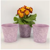 Online-Fuchs OF 3 Blumentöpfe aus Metall mit Blumenmuster im Set - Blumentopf Kräutertopf – 14 cm groß (Flieder P51)