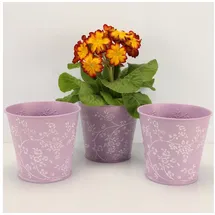 Online-Fuchs OF 3 Blumentöpfe aus Metall mit Blumenmuster im Set - Blumentopf Kräutertopf – 14 cm groß (Flieder P51)