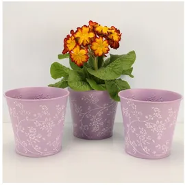 Online-Fuchs OF 3 Blumentöpfe aus Metall mit Blumenmuster im Set - Blumentopf Kräutertopf – 14 cm groß (Flieder P51)