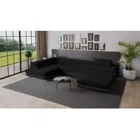 Goldstoff Wohnlandschaft RELAX U Ecksofa mit Schlaffunktion, Kunstleder & Samt, 345 × 205 cm, zwei Bettkästen, verstellbare Kopfstützen schwarz